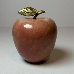 Vintage MCM Polished Marble Alabaster Red Apple Paperweight w/Brass Stem Teacher